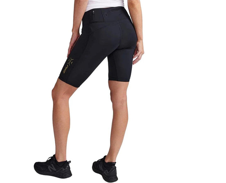 2XU Light Speed Mid-Rise Women's Compression Shorts (Black/Gold Reflective) - BUMSONTHESADDLE