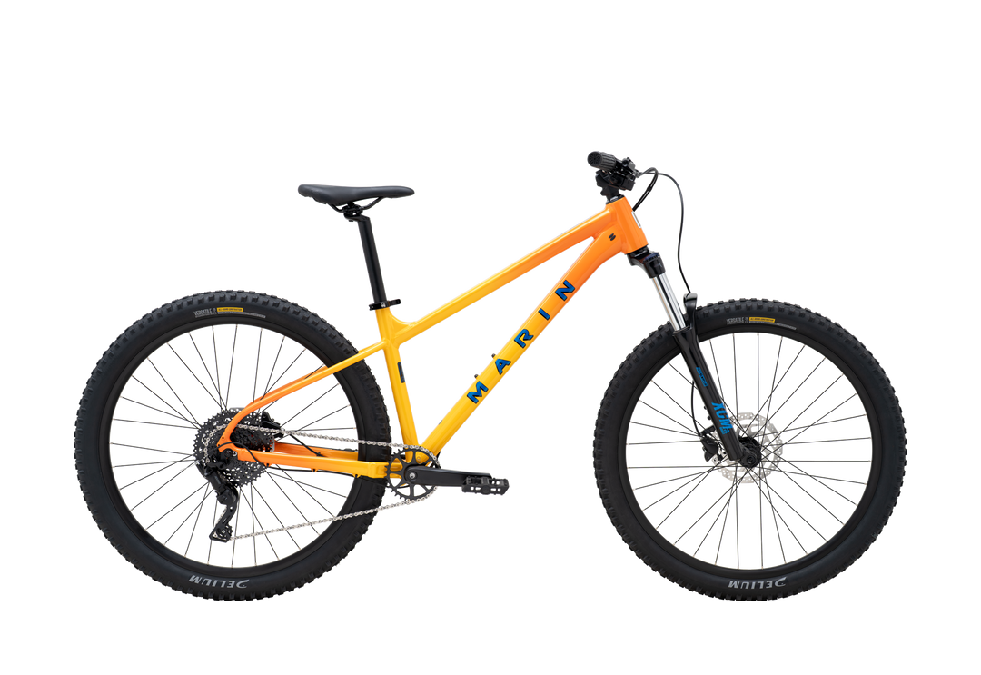 Marin San Quentin 1 hardtail mountain bike in Yellow Fade, side profile view