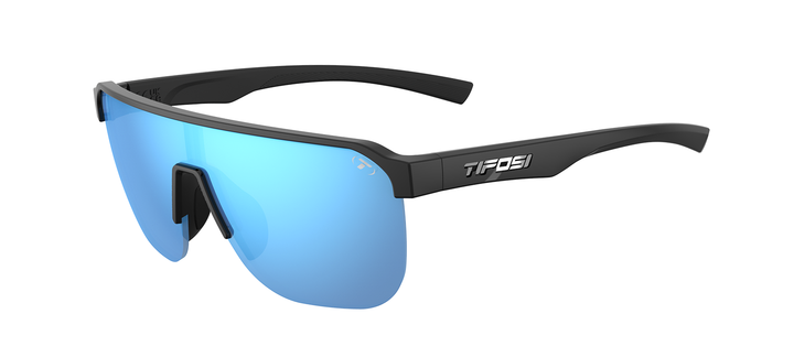 Tifosi Sanctum SL sunglasses, Gloss Black frame with Smoke Bright Blue Mirror lens - angled view
