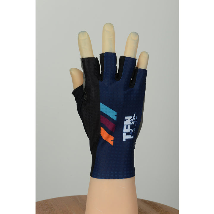 Monton X Tour of Nilgiris Limited Edition cycling gloves, Blue, worn on bike
