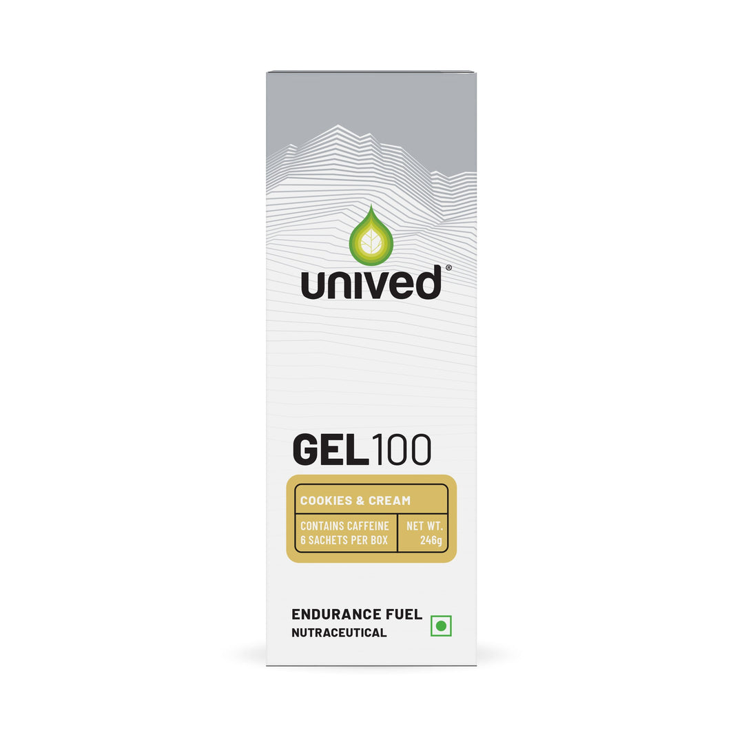 Unived Gel 100 Cookies & Cream energy gel box, 6 sachets, 35mg caffeine