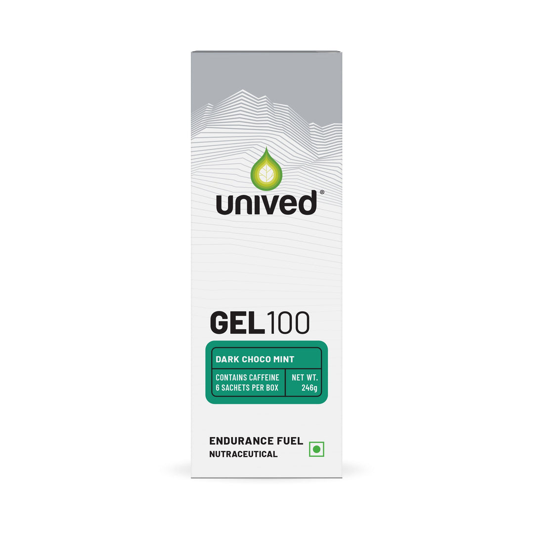 Unived Gel 100 Dark Chocolate Mint energy gel box, 6 sachets, 35mg caffeine