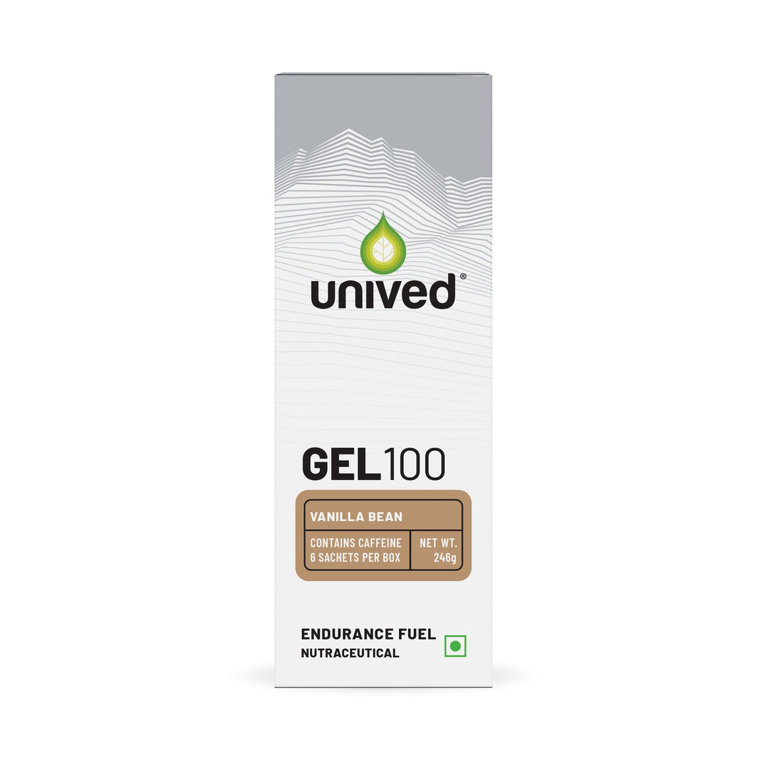 Unived Gel 100 Vanilla Bean energy gel box, 6 sachets, 20mg caffeine
