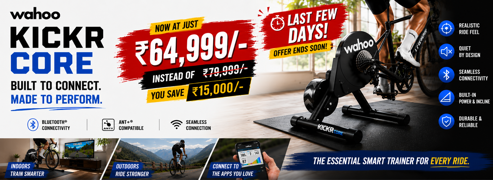 A promotional banner for the Wahoo Kickr Core smart trainer, showing the black and silver indoor bike trainer in use with a rider on a road bike. The ad features various promotional text overlays, pricing details, and logos of compatible fitness apps at the bottom.
