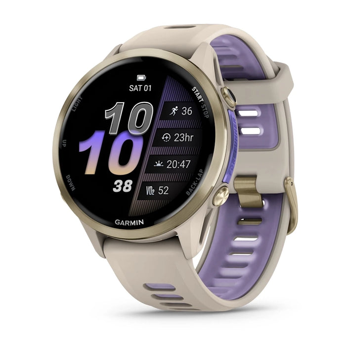 Garmin Forerunner 970 Smart Watch (Soft Gold Titanium/French Grey Case/French Grey/Translucent Indigo Band)