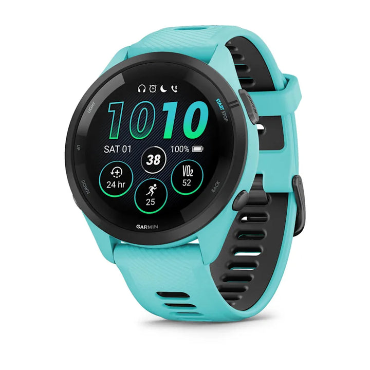 Garmin Forerunner 265 Smart Watch (Black Bezel/Aqua Case/Aqua/Black Silicone Band)
