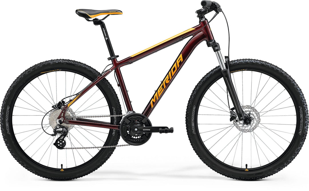 Merida Big.Seven 15 entry-level 27.5 inch hardtail mountain bike in Burgundy Red/Orange