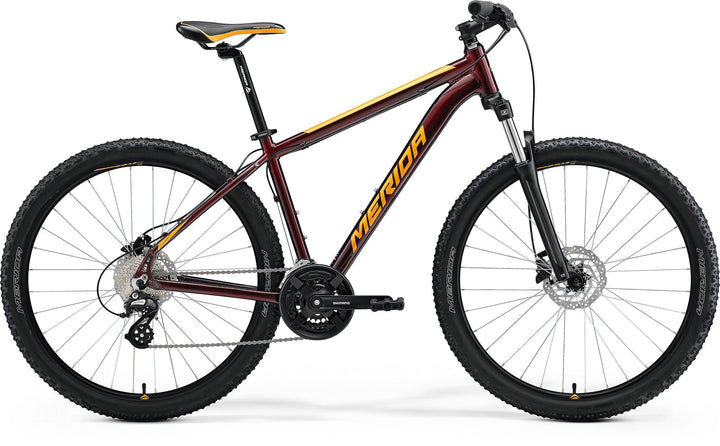 Merida Big.Seven 15 entry-level 27.5 inch hardtail mountain bike in Burgundy Red/Orange