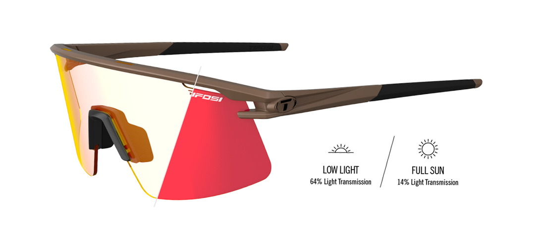 Tifosi Moab Lite sunglasses, Matte Bronze frame with Clarion Red Fototec photochromic lens - angled view