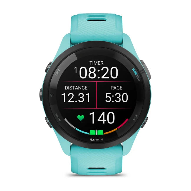 Garmin Forerunner 265 Smart Watch (Black Bezel/Aqua Case/Aqua/Black Silicone Band)