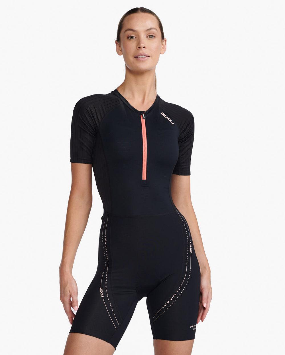2XU Aero Sleeved Women Cycling Trisuit (Black/Hyper Coral) - BUMSONTHESADDLE