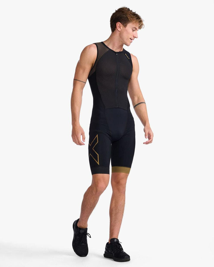 2XU Light Speed Front Zip Mens Cycling Trisuit (Black/Gold) - BUMSONTHESADDLE