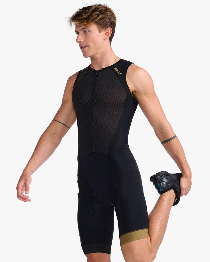 2XU Light Speed Front Zip Mens Cycling Trisuit (Black/Gold) - BUMSONTHESADDLE