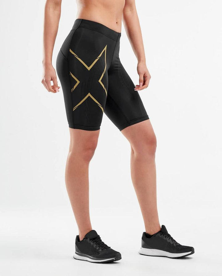 2XU MCS Run Womens Compression Shorts (Black/Gold Reflective) - BUMSONTHESADDLE