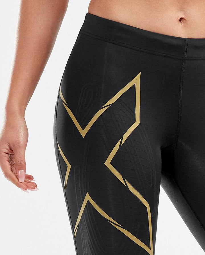 2XU MCS Run Womens Compression Shorts (Black/Gold Reflective) - BUMSONTHESADDLE