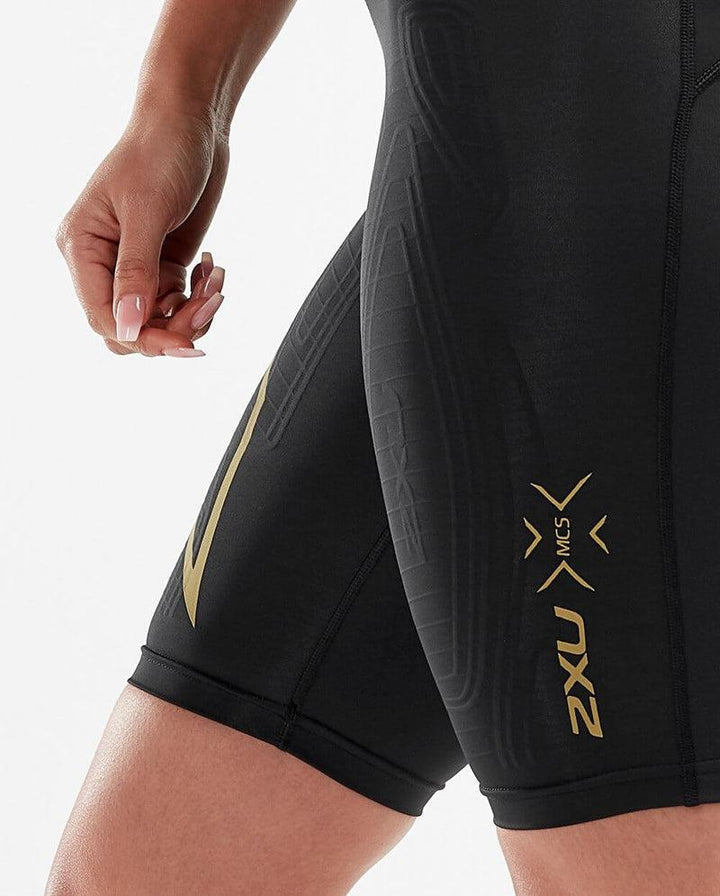 2XU MCS Run Womens Compression Shorts (Black/Gold Reflective) - BUMSONTHESADDLE