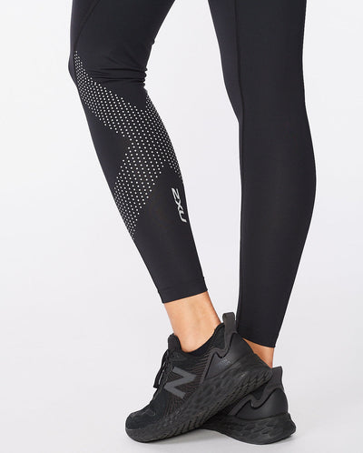 2XU Motion Mid Rise Womens Compression Tights (Black/Dotted Reflective Logo)