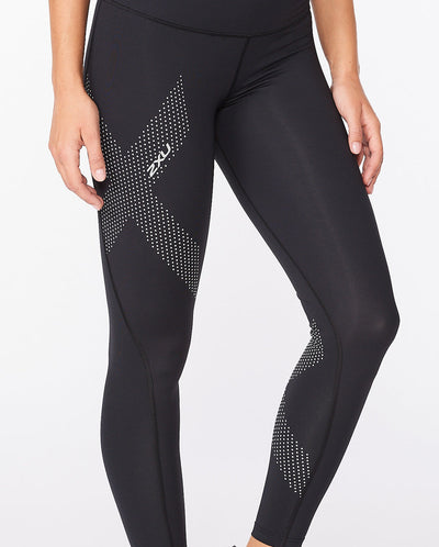 2XU Motion Mid Rise Womens Compression Tights (Black/Dotted Reflective Logo)