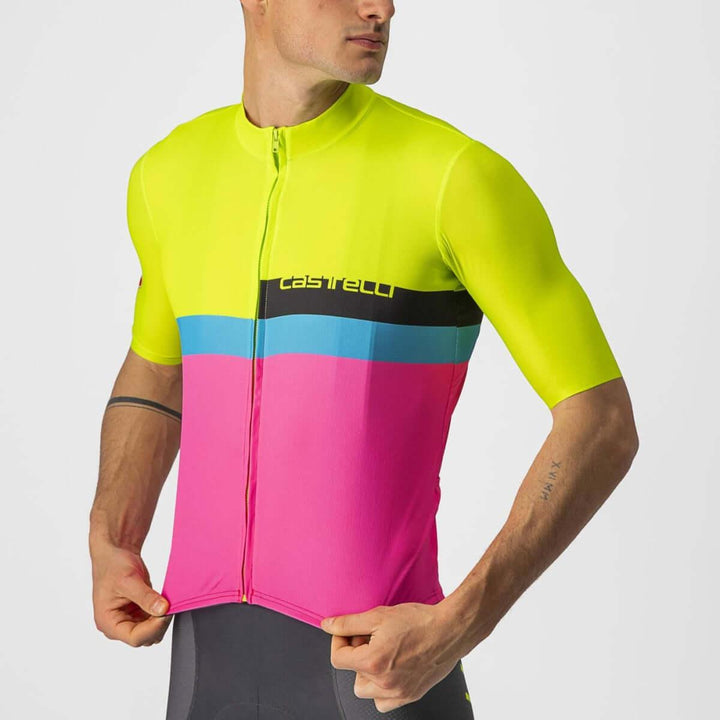 Castelli A Blocco Mens Cycling Jersey (Electric Lime/Black Blue Magenta Fluo) - BUMSONTHESADDLE